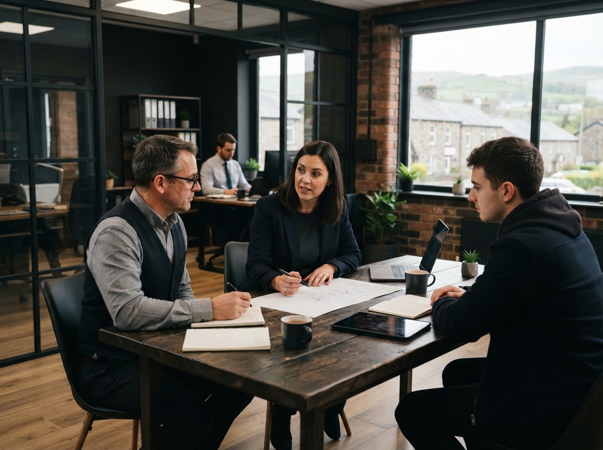 Rhydymwyn team workspace showing analysts reviewing market data on dark-themed screens